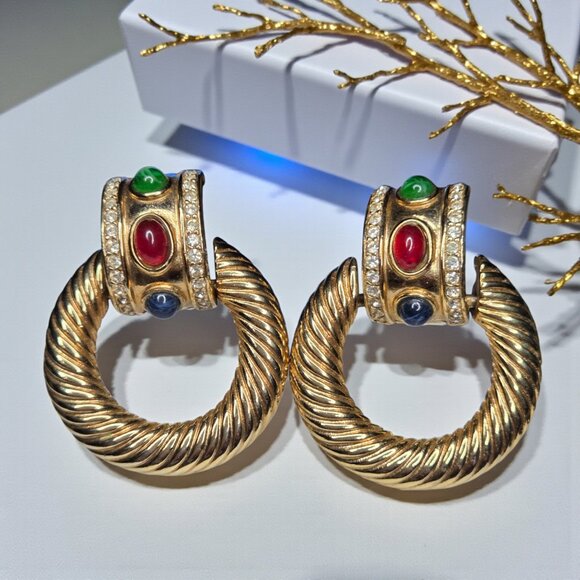GIVENCHY Vintage 80's Chunky Jewels of India Mogul Twisted Doorknocker Earrings - Picture 6 of 6